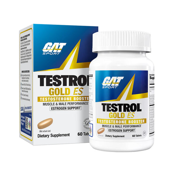 GAT Sport Testrol Gold ES dietary supplement, showing the white bottle with a white cap next to its blue and white retail box.