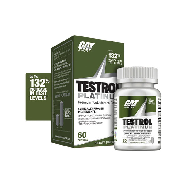 GAT Sport Testrol Platinum dietary supplement, showing a white bottle with a white cap next to its green and white retail box on a plain white background.