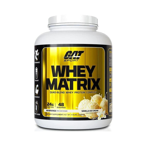 A white plastic tub of GAT SPORT Whey Matrix protein powder in Vanilla Ice Cream flavor, featuring a prominent metallic gold and black label.