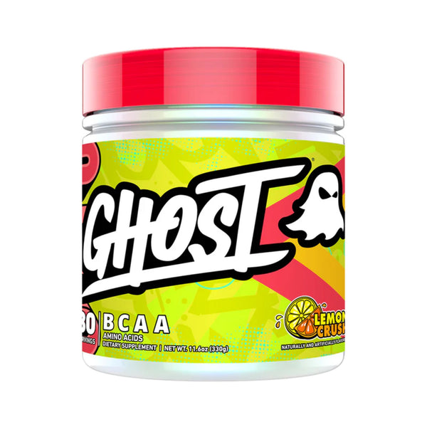A jar of Ghost BCAA dietary supplement in Lemon Zest flavor, featuring a white container with a bright red lid and a vibrant lime green label with bold white and black lettering.