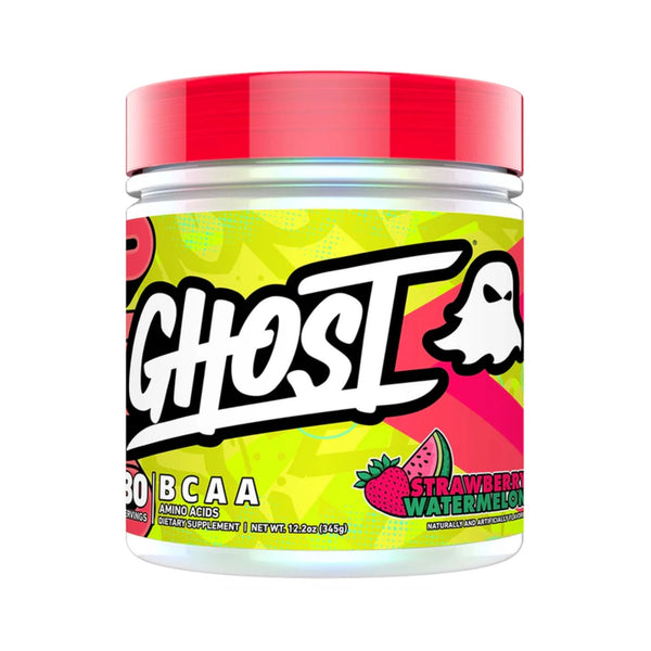 A jar of Ghost Amino Watermelon flavor BCAAs on a plain white background. The product features a bright red lid, a white jar, and a vibrant lime green label with a pink and red strawberry watermelon graphic and the Ghost logo.