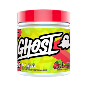 A jar of Ghost BCAA Amino Acid supplement in Mini Strawberry flavor, featuring a bright red lid and a colorful lime green and red label with a white ghost logo.