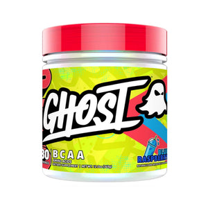 A jar of Ghost 80 BCAA Raspberry flavor dietary supplement powder, featuring a white container with a vibrant red lid and a colorful lime green, yellow, and red label.