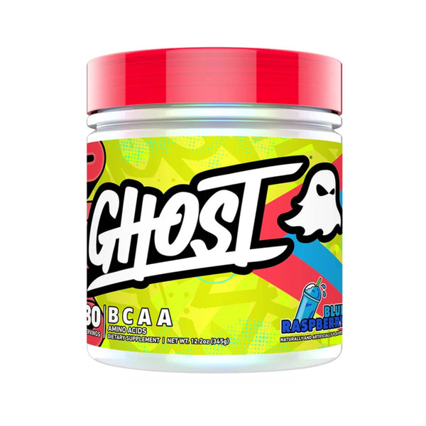 A jar of Ghost 80 BCAA Raspberry flavor dietary supplement powder, featuring a white container with a vibrant red lid and a colorful lime green, yellow, and red label.