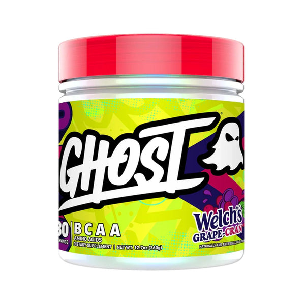 A jar of Welch's Ghost Grape-Cran BCAA supplement powder with a bright red lid and a colorful lime green, purple, and white label.
