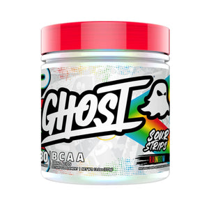 A container of Ghost BCAA supplement powder in Sour Strips Rainbow flavor, featuring a bright red lid and a white label with a colorful rainbow graphic.
