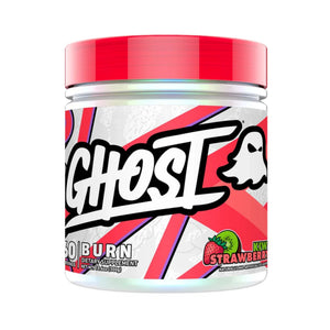 A jar of Ghost 50 Burn dietary supplement in Kiwi Strawberry flavor, featuring a white and red label with a cartoon ghost logo and a bright red lid, set against a plain white background.