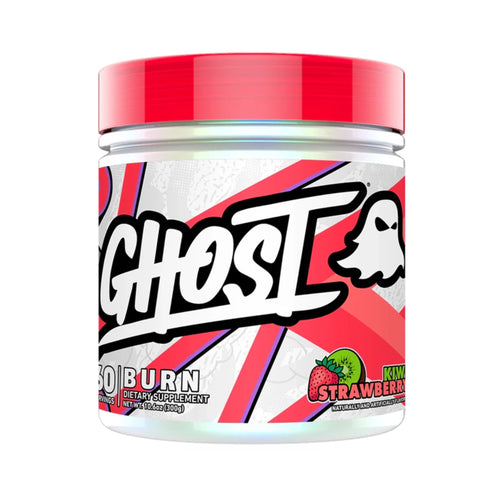 A jar of Ghost 50 Burn dietary supplement in Kiwi Strawberry flavor, featuring a white and red label with a cartoon ghost logo and a bright red lid, set against a plain white background.