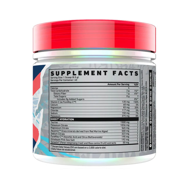 A white plastic tub of Ghost Hydration supplement with a bright red lid, showing the Supplement Facts label on a white background.