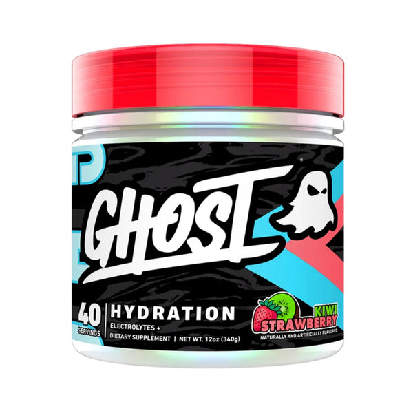 A 12 oz jar of Ghost 40 Hydration electrolyte supplement in Kiwi Strawberry flavor, featuring a black label with white and blue graphics, a red lid, and a holographic silver band.