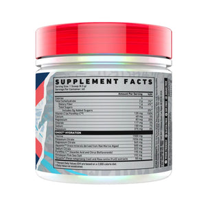 A white plastic tub of GHOST-HYDRATION protein powder with a vibrant red lid, showing the Supplement Facts label on a clean white background.