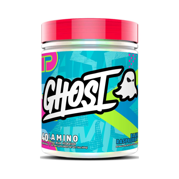 A jar of Ghost 40 Amino powder in Blue Raspberry flavor, featuring a bright red lid and a colorful blue, green, and pink label with a white ghost logo.