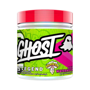 A jar of Ghost 25 Legend pre-workout dietary supplement in Sour Watermelon flavor, featuring a bright red lid and a green, pink, and white label with a ghost logo.