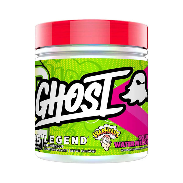 A jar of Ghost 25 Legend pre-workout dietary supplement in Sour Watermelon flavor, featuring a bright red lid and a green, pink, and white label with a ghost logo.