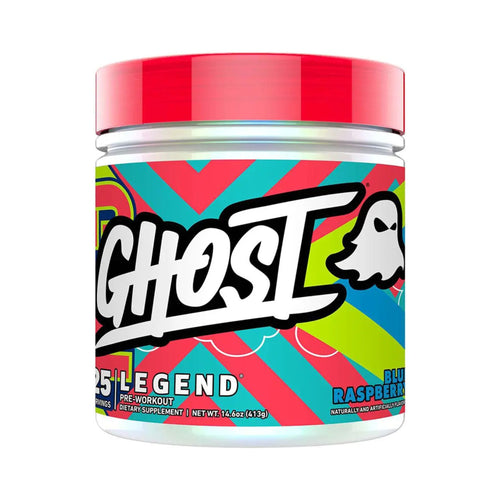A jar of Ghost 25 Legend pre-workout supplement in Blue Raspberry flavor, featuring a vibrant multicolor label with a red lid, on a plain white background.