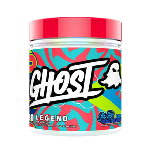A white plastic jar of Ghost Brand '20 Legend' dietary supplement powder in Raspberry flavor, featuring a bright red lid and a colorful, psychedelic label with a ghost logo.