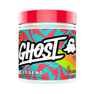A white plastic tub of Ghost 30 Legend pre-workout supplement with a bright red lid and a highly colorful, psychedelic label featuring the brand name 'GHOST' in large white letters.