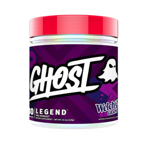 A container of Ghost Legend pre-workout dietary supplement in Welch's Grape flavor, featuring a purple label with a white ghost logo and a bright red lid, set against a plain white background.