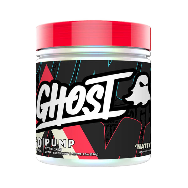 A jar of Ghost 60 Pump Nitric Oxide dietary supplement powder in 'Natty' flavor, featuring a black label with white and red graphics and a bright red lid, set against a plain white background.
