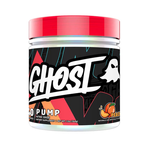 A jar of Ghost 40 Pump Nitric Oxide dietary supplement powder in Peach flavor, featuring a black label with white and red graphics and a bright red lid, set against a plain white background.