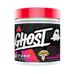 A jar of Ghost 60 Pump Sour Watermelon nitric oxide dietary supplement powder, featuring a black label with a white ghost logo and a bright red lid, set against a plain white background.