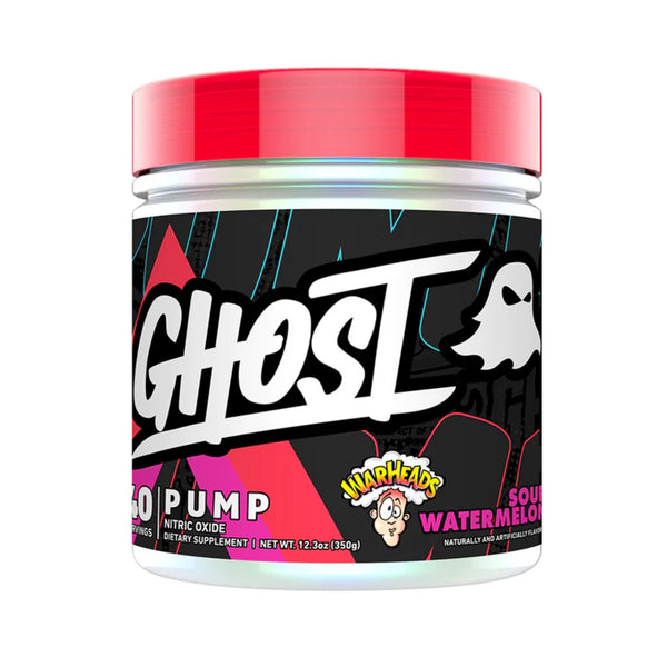 A jar of Ghost 60 Pump Sour Watermelon nitric oxide dietary supplement powder, featuring a black label with a white ghost logo and a bright red lid, set against a plain white background.