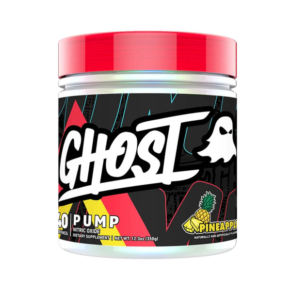 A white plastic jar of Ghost 60 Pump dietary supplement with a bright red lid and a black label featuring a white ghost logo and a pineapple graphic.