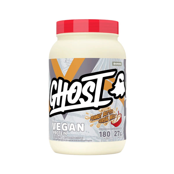A tub of Ghost Vegan Protein powder in Honey Citrus Zest flavor, featuring a red lid and a gray, white, and orange label with a ghost logo.