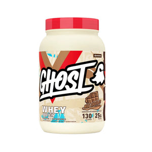 A tub of Ghost Whey Protein in Chocolate Butter flavor, featuring a red lid and a label with brown, beige, and red graphics, on a white background.