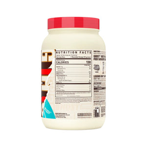A tub of Gains Fast Protein Powder in Ghostly Whey Chocolate flavor, showing the nutrition facts label on the side against a white background.