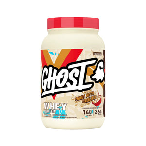 A tub of Ghost Whey Protein in Peanut Butter Chocolate Mix flavor, featuring a red lid and a colorful label with a ghost logo.