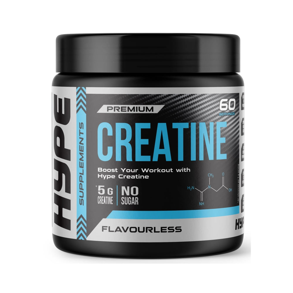A black plastic tub of HYPE Creatine dietary supplement with a black lid, featuring a label with a carbon fiber texture, light blue and white text, and a small chemical structure diagram on a white background.