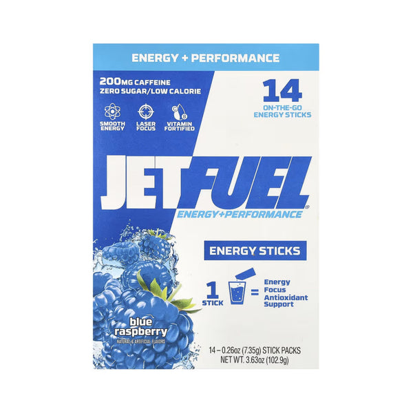 Jet Fuel Energy Performance Energy Sticks blue raspberry flavor box containing 14 stick packs, featuring a blue and white design with a raspberry graphic.