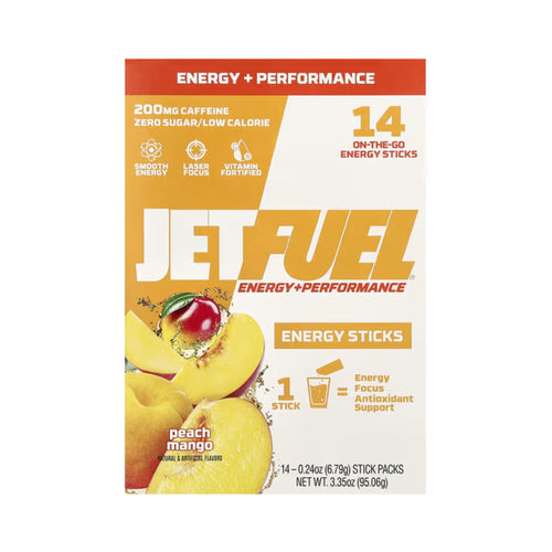 Jet Fuel Energy + Performance Energy Sticks in peach mango flavor, shown in its retail box packaging on a plain white background.