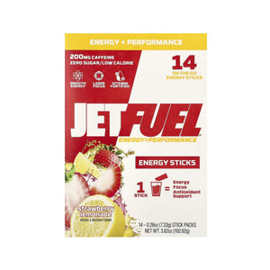 Jet Fuel Energy Sticks in Strawberry Lemonade flavor, 14-stick box packaging on a white background.