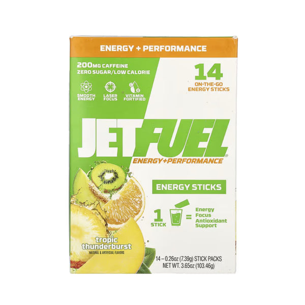 A box of Jet Fuel Energy + Performance energy sticks in Tropical Thunderburst flavor, featuring a white and green design with kiwi and orange graphics.