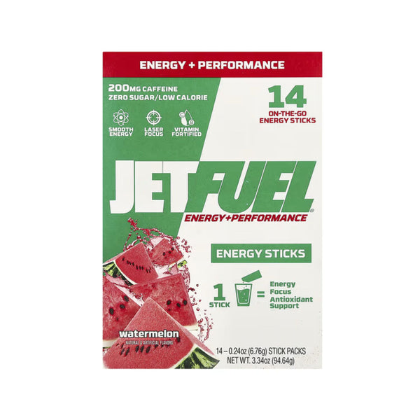 Jet Fuel Energy Sticks watermelon flavor box containing 14 stick packs, featuring a white and green design with watermelon graphics.