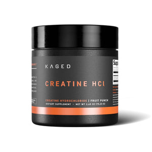 A black plastic tub of Kaged Creatine HCl dietary supplement in Fruit Punch flavor, shown on a clean white background with a soft shadow.