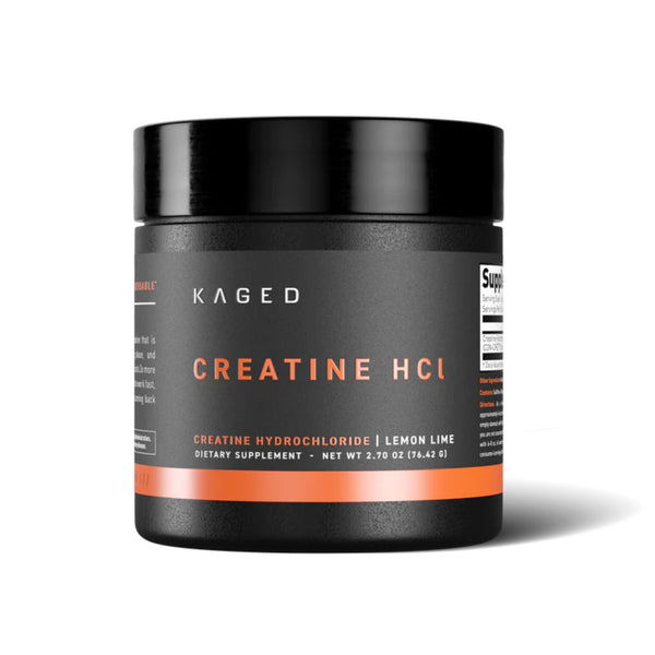 A black plastic tub of KAGED Creatine HCl dietary supplement with a black lid, featuring a black label with orange and white text, on a white background with a soft shadow.