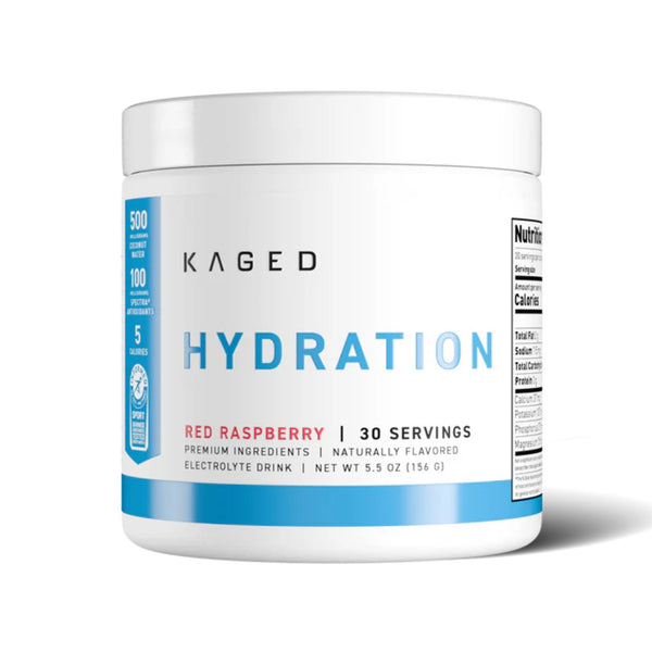 A white plastic tub of Kaged Hydration Red Raspberry electrolyte drink powder, featuring a clean white label with blue and red text, set against a plain white background.