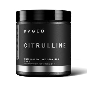 A black plastic tub of Kaged Citrulline dietary supplement with a black lid and a black label featuring silver text and a silver band near the bottom, set against a plain white background.