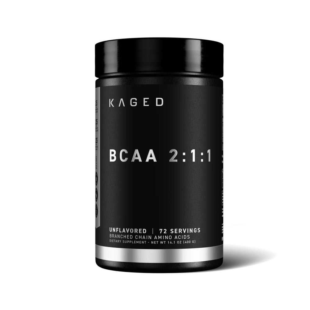A black plastic supplement tub of Kaged BCAA 2:1:1 unflavored branched chain amino acids, shown on a clean white background with a soft shadow.