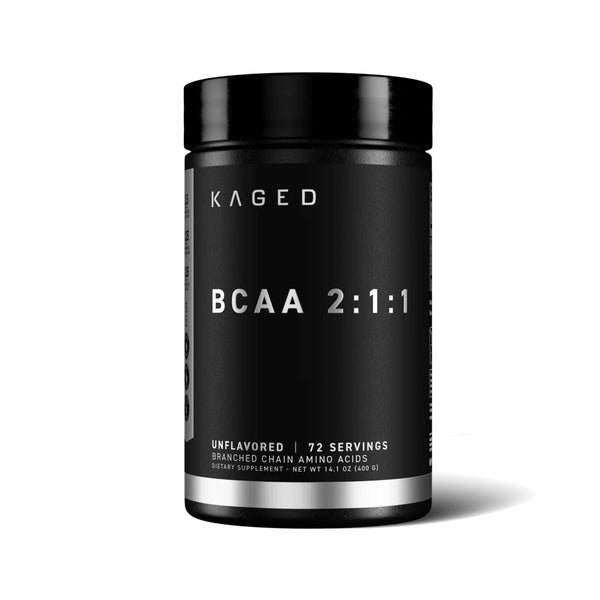 A black plastic supplement tub of Kaged BCAA 2:1:1 unflavored branched chain amino acids, shown on a clean white background with a soft shadow.