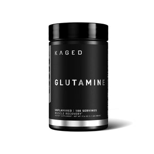 A black cylindrical container of Kaged Glutamine supplement powder on a clean white background with a soft shadow.
