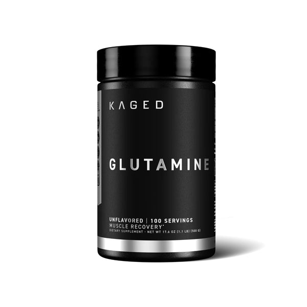 A black cylindrical container of Kaged Glutamine supplement powder on a clean white background with a soft shadow.