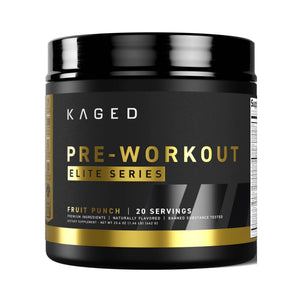 A black plastic tub of Kaged Pre-Workout Elite Series in Fruit Punch flavor, featuring a black label with gold and white text and a gold stripe at the bottom, set against a plain white background.