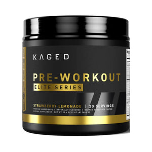 A black plastic tub of Kaged Pre-Workout Elite Series in Strawberry Lemonade flavor, featuring a black label with gold and white text, set against a plain white background.
