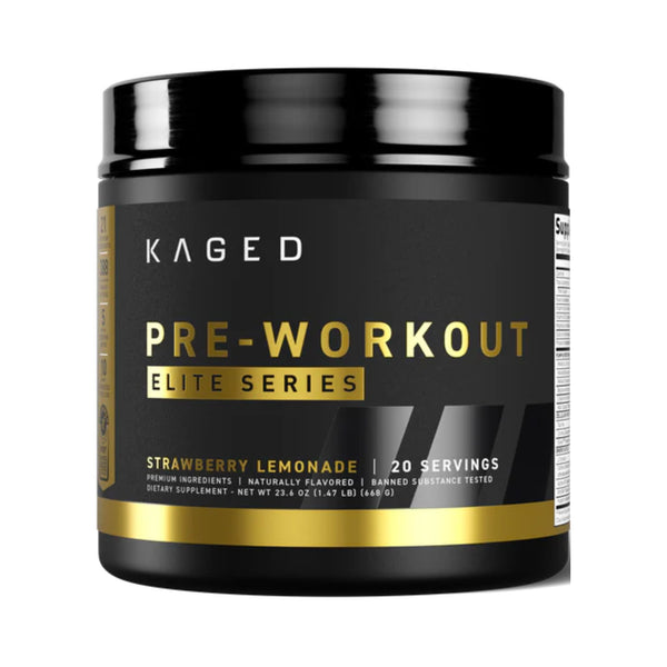 A black plastic tub of Kaged Pre-Workout Elite Series in Strawberry Lemonade flavor, featuring a black label with gold and white text, set against a plain white background.