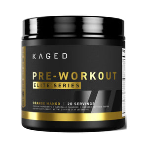 A black plastic tub of Kaged Pre-Workout Elite Series in Orange Mango flavor, featuring a black label with gold and white text, set against a plain white background.