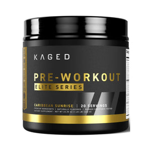 A black plastic tub of Kaged Pre-Workout Elite Series in Caribbean Sunrise flavor, featuring a black label with gold and white text and a gold stripe at the bottom, set against a plain white background.